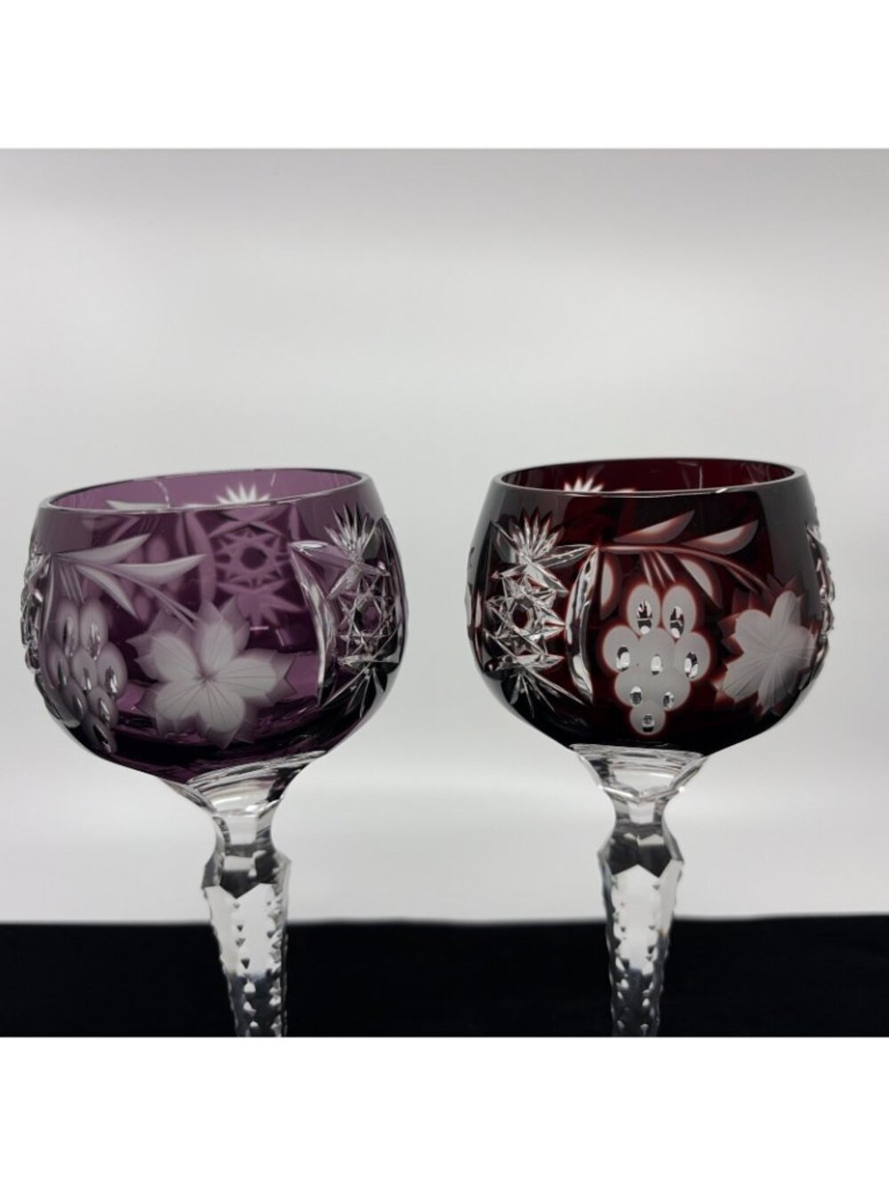 2 Ajka Marsala Tall Hock Wine Glasses Cut to Clear Ruby Red Amethyst 8" Vintage - Picture 4 of 8